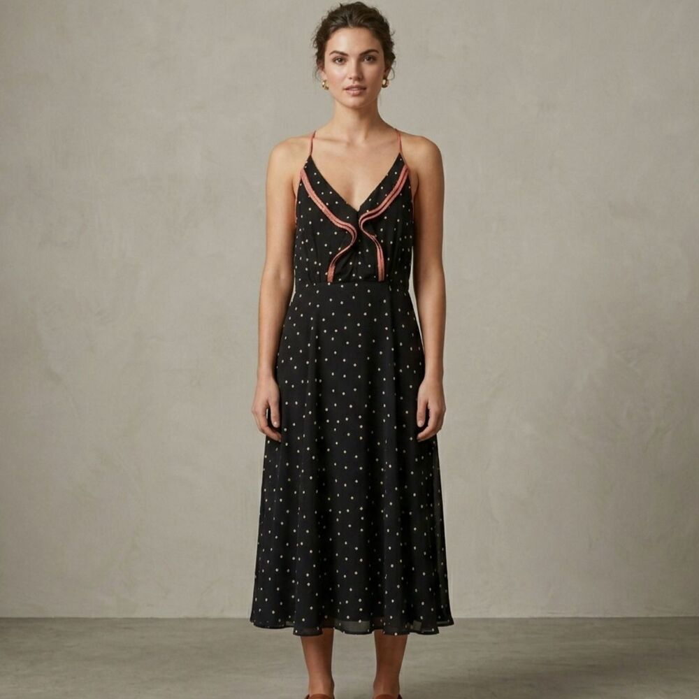 Anthropologie Girls from Savoy Silk Polka Dot Midi Dress Tie Back Women sz 6